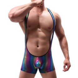 elastic rainbow strappy one piece suit for men